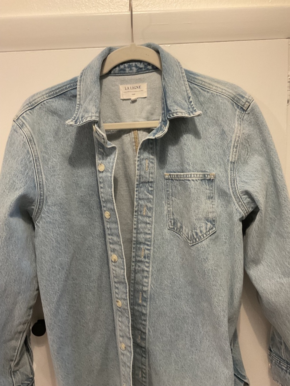 La Ligne Relaxed Fit Distressed Denim Jacket, Size Small, Light Denim Color - Picture 4 of 5